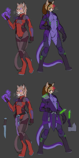 anthro axe bodysuit brown_body brown_fur clothing dagger duo female fur green_eyes melee_weapon multiple_poses pink_body pink_fur pose psionics purple_eyes science_fiction skinsuit tan_body tan_fur tight_clothing toga weapon white_body white_fur frostwyrm102 cougar felid feline mammal hi_res herm_(lore)