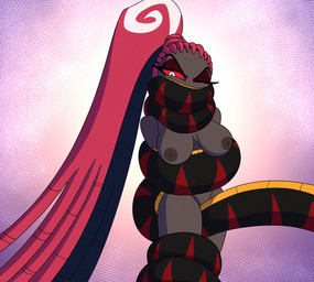 ambiguous_gender ambiguous_on_humanoid bestiality between_legs black_body black_scales blue_hair breasts coiling_around_body coiling_around_leg coiling_around_neck covering covering_mouth dark_body dark_skin duo eyeshadow female female/ambiguous female_on_feral feral hair highlights_(coloring) humanoid_on_feral makeup multicolored_hair nipples nude nude_female nude_humanoid one_eye_closed pink_background pink_hair pupils red_eyeshadow red_sclera red_stripes restrained_arms restrained_legs scales simple_background slit_pupils stripes textured_background white_eyes white_highlights yellow_body yellow_scales poparc_nsfw hazbin_hotel hellaverse velvette_(hazbin_hotel) demon demon_humanoid humanoid reptile scalie snake 2026 hi_res