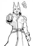 anthro cellphone clothed clothing coat collar electronics holding_object holding_phone looking_at_viewer male open_mouth phone simple_background smile solo standing topwear kori-nio power_rangers power_rangers_spd super_sentai tokusou_sentai_dekaranger doggie_kruger canid canine canis domestic_dog mammal hi_res line_art monochrome