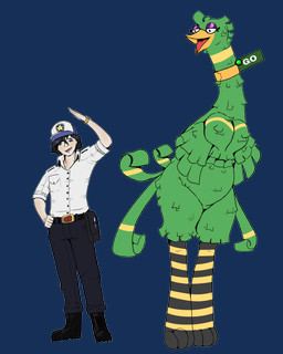 belt choker clock clothed clothed_human clothed_male clothing collared_shirt duo feathers female feral fully_clothed fully_clothed_human fully_clothed_male green_body green_feathers hat headgear headwear jewelry larger_female larger_feral male male/female necklace plushie puppet semi-anthro shirt size_difference smaller_human smaller_male topwear watch white_clothing white_shirt white_topwear frostedscales shane_frost 882_puppet_avenue constable_marcus tootie_the_bird animate_inanimate avian bird human living_plushie mammal 4:5 digital_drawing_(artwork) digital_media_(artwork) english_description hi_res