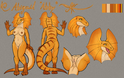 anthro anus areola breasts butt claws countershading digitigrade dipstick_tail feet female frill_(anatomy) front_view genitals gloves_(marking) leg_markings markings navel nipples non-mammal_breasts non-mammal_nipples nude open_mouth orange_body rear_view simple_background smile socks_(marking) solo spots standing stripes tail tail_markings teeth text tongue vulva yellow_eyes malcombtheteadragon abby_(user55) agamid frilled_lizard lizard reptile scalie english_text hi_res model_sheet