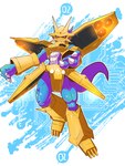 abs anthro armor blue_body claws clothed clothing gold_(metal) gold_armor headgear helmet horn horned_helmet knight male mask muscular muscular_anthro muscular_male muscular_thighs partially_clothed red_eyes solo tail thrusters warrior leafy97 bandai_namco digimon mythology digimon_(species) dragon magnamon mythological_creature mythological_scalie scalie 2025 absurd_res digital_media_(artwork) hi_res