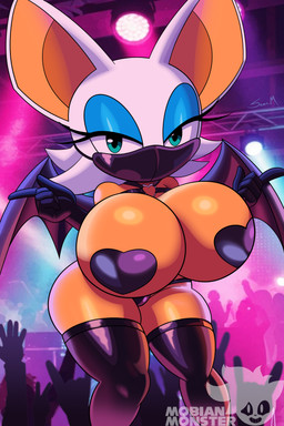 anthro big_breasts breasts clothed clothing female green_eyes group hair huge_breasts legwear looking_at_viewer mask pasties skimpy thick_thighs thigh_highs white_hair wide_hips wings mobian_monster sega sonic_the_hedgehog_(series) rouge_the_bat bat mammal absurd_res hi_res