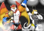 abs anthro avian biceps bulge champion_belt clothed clothing dragon duo electronics feathered_wings feathers flashlight gryphon hi_res horn male microphone muscular muscular_male mythological_avian mythological_creature mythological_scalie mythology nipples raising_arm scalie shinobiya size_difference tail topless wings wrestling_boots wrestling_briefs wrestling_gear