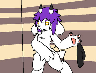 4_fingers ambiguous_gender anthro biped black_bottomwear black_clothing black_nose black_shorts bottomwear chest_tuft clothing crotch_tuft digitigrade featureless_crotch fingers fur goo_drip handpaw horizontal_pupils horn latex looking_at_viewer nude pawpads paws pink_pawpads pupils shorts solo tongue tongue_out tuft white_body white_goo yellow_eyes dragontim changed_(video_game) lin_(changed) bovid caprine goat goo_creature mammal 2_frame_animation aliasing animated animated_gif digital_media_(artwork) short_playtime