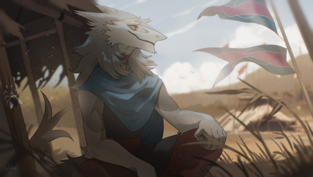 claws clothing looking_aside male outside sitting smile solo wind lingrimm sergal hi_res