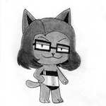 anthro cat_tail chibi clothing eyewear femboy glasses hair long_hair male pupils slit_pupils smug solo suit swimwear efradraws efrasona domestic_cat felid feline felis mammal graphite_(artwork) hi_res marker_(artwork) monochrome traditional_media_(artwork)