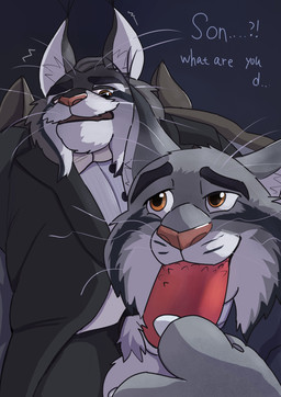 age_difference anthro anthro_on_anthro anthro_penetrated anthro_penetrating anthro_penetrating_anthro aroused aroused_by_another aroused_male ball_grab balls barazoku bedroom_eyes black_background black_body black_bottomwear black_clothing black_fur black_jacket black_pants black_topwear bottomwear bow_tie brown_eyes claws clothed clothing dialogue duo erection fellatio flirting flirting_look fur genitals grey_body grey_fur hand_on_balls hand_on_penis holding_balls holding_erection holding_penis jacket larger_anthro larger_male licking looking_at_another looking_at_partner looking_down looking_down_at_another looking_down_at_partner looking_up looking_up_at_another looking_up_at_partner low-angle_view male male/male male_penetrated male_penetrating male_penetrating_male manly mature_anthro mature_male multicolored_body multicolored_fur muscular muscular_anthro muscular_male narrowed_eyes older_anthro older_male open_bottomwear open_clothing open_pants oral oral_penetration pants penetration penile penile_penetration penis penis_grab penis_in_mouth penis_lick pink_nose red_penis seductive sex shirt simple_background size_difference smaller_anthro smaller_male smile smirk smirking_at_another smirking_at_partner surprised text tongue topwear whiskers white_body white_bow_tie white_clothing white_fur white_shirt white_topwear younger_anthro younger_male dawawolf disney zootopia milton_lynxley pawbert_lynxley canada_lynx felid feline lynx mammal absurd_res english_text hi_res father_(lore) father_and_child_(lore) father_and_son_(lore) incest_(lore) parent_(lore) parent_and_child_(lore) parent_and_son_(lore) son_(lore)