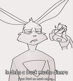 annoyed anthro beak bodysuit clothing duo feather_hair feathers gesture half-closed_eyes hand_gesture long_ears looking_back male narrowed_eyes pseudo_hair skinsuit smile sparkles standing text thumbs_up tight_clothing fernypaw loonatics_unleashed looney_tunes warner_brothers ace_bunny danger_duck anatid anseriform avian bird duck lagomorph leporid mammal rabbit 2024 digital_media_(artwork) english_text hi_res monochrome sketch spanish_text