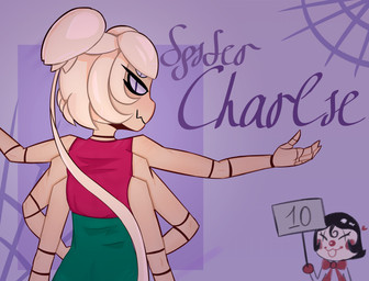 6_arms black_hair blonde_hair clothed clothing clown clown_nose duo female hair heart_symbol multi_arm multi_limb purple_eyes red_ribbon spider_web text higidu brawl_stars supercell_(company) charlie_(brawl_stars) animal_humanoid arachnid arachnid_humanoid arthropod arthropod_humanoid humanoid spider_humanoid absurd_res hi_res
