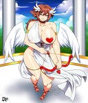 arrow_(weapon) big_breasts biped bow_(weapon) breasts brown_hair choker clothed clothing feathered_wings feathers female hair jewelry looking_at_viewer necklace one_breast_out outside pasties pupils ranged_weapon smile solo thick_thighs weapon wings jadenkaiba humanoid winged_humanoid hi_res