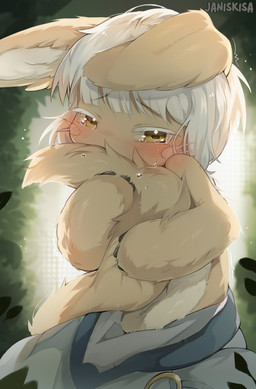 ambiguous_anthro ambiguous_gender anthro bangs black_eyebrows blush blush_lines bodily_fluids bottomwear brown_pupils clothed clothed_ambiguous clothed_anthro clothing crying eyebrow_through_hair eyebrows eyelashes fluffy fluffy_tail front_view fur grey_bottomwear grey_clothing grey_pants hair horizontal_pupils long_ears long_tail looking_at_viewer pants pupils short_hair simple_background solo tail tail_hug tan_body tan_fur tears text topless topless_ambiguous topless_anthro translucent translucent_hair whiskers white_eyelashes white_hair white_sclera yellow_eyes young young_ambiguous young_anthro janiskisa made_in_abyss nanachi mammal narehate absurd_res artist_name digital_media_(artwork) hi_res portrait three-quarter_portrait