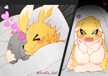>_< ambiguous_gender anthro arm_support arms_bent arms_in_front arms_together bed big_breasts black_sclera blue_eyes blush breasts crossed_arms cute_fangs dipstick_ears duo ear_markings eyes_closed fangs female female/ambiguous forward_arm_support fur furniture heart_reaction heart_symbol hug multicolored_body multicolored_ears multicolored_fur nipples on_bed open_mouth smile teeth under_covers white_body white_fur yellow_body yellow_fur hinata_sakamoto bandai_namco digimon anon canid digimon_(species) human mammal renamon digital_media_(artwork)