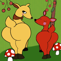 all_fours big_butt black_nose blush blush_stickers butt duo eyes_closed female feral fungus hooves kerchief kerchief_only looking_at_viewer looking_back looking_back_at_viewer mostly_nude mushroom neckerchief neckerchief_only neckwear plant presenting presenting_hindquarters tree 4chan_anon unknown_artist unnamed_character deer mammal 2018