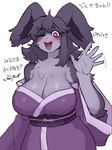 anthro big_breasts biped blush blush_lines breasts circle_eyebrows cleavage clothed clothing curvy_figure eyebrows female fur gesture glistening_eyelids grey_body grey_fur multicolored_body multicolored_fur one_eye_closed open_mouth open_smile purple_body purple_eyes purple_fur simple_background smile solo text tuft two_tone_body two_tone_face two_tone_fur voluptuous voluptuous_anthro voluptuous_female waving white_background sususuigi jena_(sususuigi) lagomorph leporid mammal rabbit digital_drawing_(artwork) digital_media_(artwork) hi_res japanese_text translation_request