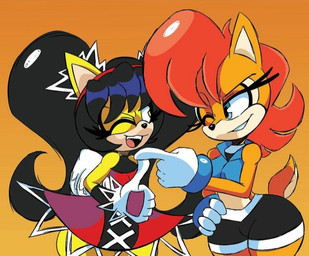 anthro black_hair black_nose blue_eyes bottomwear breasts brown_body brown_fur brown_hair cleavage clothed clothing cuff_(restraint) duo eyelashes female fur furgonomics gesture gloves hair hand_gesture hand_on_hip handwear long_hair multicolored_hair one_eye_closed open_mouth pigtails pointing pointing_at_another red_hair restraints shorts simple_background skirt smile tail tail_through_skirt thumbs_up topwear vest wide_hips wink wrist_cuffs yellow_body yellow_fur azulyellow_(artist) archie_comics sega sonic_the_fighters sonic_the_hedgehog_(archie) sonic_the_hedgehog_(comics) sonic_the_hedgehog_(series) honey_the_cat sally_acorn sally_acorn_(post-sgw) chipmunk domestic_cat felid feline felis ground_squirrel mammal rodent sciurid