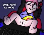 anthro barefoot beverage_can biped bottomless chips_(food) clothed clothing computer computer_keyboard desk dialogue electronics feet female food foot_on_table fur furniture gaming_chair genitals hair legs_up pink_body pink_fur plantigrade pussy simple_background sitting smile solo spread_legs spreading table text topwear topwear_only young young_anthro young_female pokefound lay's sonny_boop lagomorph leporid mammal rabbit 2019 5:4 digital_media_(artwork) english_text andromorph_(lore)