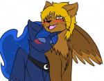 ambiguous_gender blonde_hair blue_body blue_fur blue_hair blush brown_body brown_feathers brown_fur digital_media_(artwork) duo equid equine eyes_closed fangs feathers felid female female/ambiguous feral friendship_is_magic fur hair hasbro horn horse jolliapplegirl mammal my_little_pony mythological_creature mythological_equine mythological_sphinx mythology open_mouth pony princess_luna_(mlp) red_eyes simple_background teeth tongue white_background winged_unicorn wings