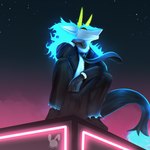 anthro blue_fire clothing colored_fire fire glowing glowing_eyes glowing_hair green_eyes hair horn male solo suit cinicalvoice varien_(cinicalvoice) sergal 1:1 absurd_res hi_res watermark