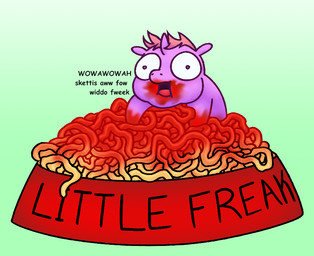 1_horn ambiguous_feral ambiguous_gender bowl container dirty eating feral food food_on_face food_on_mouth gradient_background hair horn misleading_thumbnail monotone_body pasta pet_bowl pink_hair pupils purple_body simple_background small_pupils solo spaghetti surprised young young_ambiguous young_feral meatfroot fluffy_pony fluffy_pony_(species) mammal 2025 digital_media_(artwork) english_description