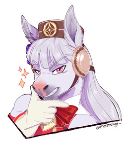 alternate_species anthro anthrofied bow_tie clothing female fur furrification gloves hair handwear long_hair looking_at_viewer pink_eyes solo sparkles white_body white_clothing white_fur white_gloves white_hair white_handwear fizzy-dog cygames uma_musume_pretty_derby gold_ship_(pretty_derby) equid equine horse mammal bust_portrait hi_res portrait