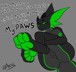 anthro anus big_ears black_body breasts eyelashes feet female foot_focus genitals green_anus green_eyes green_markings green_nipples green_pawpads green_paws green_pussy horn legs_up lips looking_at_viewer markings nipples pawpads pussy simple_background solo tail text thick_bottom_lip zaks mythology zaks_(character) dragon luceiry mythological_creature mythological_scalie scalie absurd_res hi_res signature