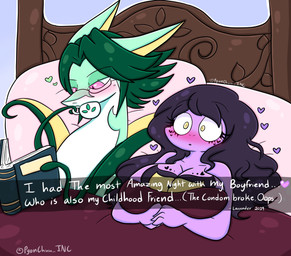 anthro bed blush book container cup drinking duo female furniture green_body green_hair hair heart_symbol lying lying_on_bed male on_bed pink_eyes purple_body purple_hair shocked text yellow_eyes lewdchuu nintendo pokemon lavender_(lewdchuu) sweetie_(rockpup241) arbok generation_1_pokemon generation_5_pokemon pokemon_(species) serperior english_text hi_res