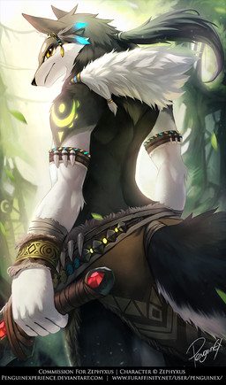 anthro athletic athletic_male back_muscles bottomwear brown_bottomwear brown_clothing brown_loincloth clothing ear_piercing ear_ring fur glistening glistening_eyes grey_body grey_fur holding_melee_weapon holding_object holding_sword holding_weapon loincloth looking_at_viewer looking_back looking_back_at_viewer male melee_weapon mouth_closed piercing ring_piercing solo standing sword text weapon white_body white_fur yellow_eyes penguinexperience canid canine canis mammal wolf english_text signature url