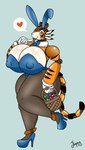 anthro big_breasts breasts bunny_costume clothing costume egg fake_ears fake_rabbit_ears female footwear heart_symbol high_heels holidays huge_breasts machine nipple_outline orange_body orange_eyes shoes solo tail thick_thighs jiqqy easter 7ig felid mammal pantherine robot tiger hi_res