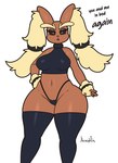 anthro big_breasts breasts brown_body brown_fur clothing dialogue female fur legwear looking_at_viewer navel solo talking_to_viewer text underwear jhenightfox nintendo pokemon generation_4_pokemon lopunny pokemon_(species) 2025 english_text hi_res