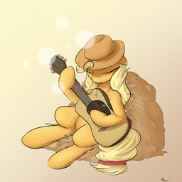 acoustic_guitar blonde_hair clothing cowboy_hat eyes_closed female feral fur guitar hair hat hay headgear headwear musical_instrument orange_body orange_fur playing_guitar playing_music plucked_string_instrument quadruped simple_background solo string_instrument text alasou friendship_is_magic hasbro my_little_pony applejack_(mlp) earth_pony equid equine horse mammal pony 1:1 2015 english_text hi_res