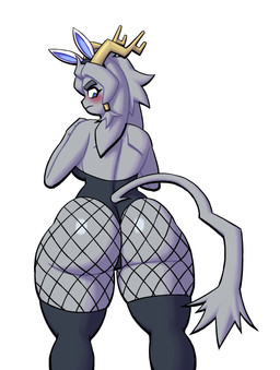 2_horns anthro antlers big_butt biped black_clothing black_legwear black_leotard black_thigh_highs blue_eyes blush breasts bunny_costume butt clothed clothed_anthro clothed_female clothing costume eyebrows eyelashes fake_ears fake_rabbit_ears female female_anthro fingers fishnet_clothing fishnet_legwear fishnet_pantyhose floppy_ears fur glistening glistening_butt grey_body grey_eyebrows grey_fur grey_tail horn legwear leotard looking_back looking_down lop_ears mouth_closed pantyhose rear_view simple_background solo standing strapless_clothing strapless_leotard tail thick_thighs thigh_highs thong_leotard white_background yellow_horn lovetopullmicke pseudoregalia sybil_(pseudoregalia) bovid caprine hybrid jackalope lagomorph mammal 2026 absurd_res digital_media_(artwork) hi_res
