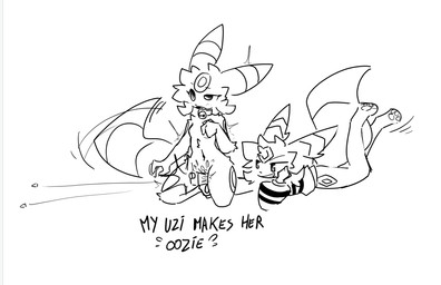 anthro collar duo female gun male male/female ranged_weapon weapon thepapercrownking nintendo pokemon eeveelution generation_2_pokemon pokemon_(species) umbreon monochrome