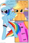 2014 absurd_res anus applejack_(mlp) blonde_hair blue_body blue_feathers blue_fur blush clothing comic cowboy_hat cutie_mark dialogue duo earth_pony english_text equid equine feathered_wings feathers female female/female feral friendship_is_magic fur genitals hair hasbro hat headgear headwear hi_res hisexpliciteditor horse looking_at_viewer looking_back mammal masturbation multicolored_hair multicolored_tail my_little_pony mythological_creature mythological_equine mythology nude pegasus pony purple_eyes pussy pyruvate rainbow_dash_(mlp) rainbow_hair rainbow_tail sex_toy simple_background tail text third-party_edit vaginal vaginal_masturbation vibrator white_background wings