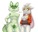 5_fingers anthro apno archived_source areola biped breasts camel_toe cheek_tuft clothed clothing duo facial_tuft female fingers fur generation_8_pokemon generation_9_pokemon genitals green_areola green_body green_fur green_nipples hair hand_on_hip long_ears looking_at_viewer looking_away medium_breasts navel nintendo nipples nude partially_clothed pink_eyes pink_nose pink_pussy pokemon pokemon_(species) pubes pubic_mound pussy raboot red_eyes simple_background sprigatito standing tail tail_tuft tuft white_background white_body white_fur white_hair yellow_areola yellow_nipples