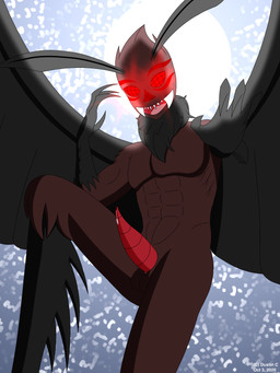 antennae_(anatomy) balls black_wings bodily_fluids brown_body brown_fur brown_hair erection fur genital_fluids genitals glowing glowing_eyes hair looking_at_viewer male penis red_eyes simple_background smile solo wings dustin_c malin_(dustin_c) mothman animal_humanoid arthropod arthropod_humanoid cryptid humanoid insect insect_humanoid lepidopteran lepidopteran_humanoid moth moth_humanoid unknown_species 3:4 absurd_res hi_res