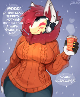 anthro beverage bottomwear clothing curvy_figure cybernetics denim denim_bottomwear denim_clothing dialogue female fur grey_bottomwear grey_clothing grey_jeans grey_pants hot_drink jeans machine orange_clothing orange_sweater orange_topwear pants protogen_visor red_body red_fur screen screen_face simple_background snow solo speech_bubble sweater tight_clothing tight_topwear topwear white_body white_fur zhadart gloria_(rosethederg) armorless_protogen cyborg humanoid protogen hi_res sketch