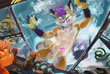 against_surface ambiguous_gender anthro arm_tuft balls biped black_ear_tips black_ears black_eyebrows black_tail brown_eyes cheek_tuft chest_tuft cockpit dipstick_ears dipstick_tail duo ear_markings elbow_tuft erection eyebrows facial_tuft fangs foam front_view fur futuristic genitals glans gloves_(marking) green_eyes hair humanoid_genitalia humanoid_penis inner_ear_fluff male male/ambiguous markings messy_hair multicolored_ears narrowed_eyes orange_body orange_ears orange_fur orange_hair orange_tail penis pink_glans pink_nose purple_hair purple_nose purple_tail short_hair side_view smile smirk sponge tail tail_markings tan_balls tan_body tan_fur tan_inner_ear_fluff tan_penis teeth tuft oselotti oselotti_(character) xhantus404 canid canine domestic_cat felid feline felis fox mammal hi_res signature
