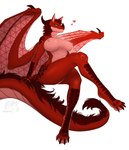 anthro big_breasts breasts claws crossed_legs crossgender female fur heart_symbol horn looking_at_viewer membrane_(anatomy) membranous_wings nipple_dip nipples paws red_body red_fur red_scales scales simple_background solo tail thick_thighs wings alduinred european_mythology mythology entropy_(billeur) dragon mythological_creature mythological_scalie scalie western_dragon absurd_res hi_res