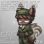 4_fingers anthro armor army_helmet army_outfit army_uniform belt bodily_fluids breasts brown_body brown_eyes brown_fur brown_hair brown_nose chest_tuft clothing crying dialogue female fingers fur hair headgear helmet inner_ear_fluff open_mouth simple_background solo tan_body tan_fur tears tears_of_joy teeth tired_eyes tuft tragiccurse nintendo pokemon eevee generation_1_pokemon pokemon_(species) 2025 english_description half-length_portrait portrait