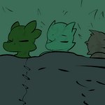 1:1 2014 anthro bed digital_drawing_(artwork) digital_media_(artwork) dirty fen_(lagotrope) furniture green_body green_skin group horn kobold lizard lying male on_back on_bed reptile scalie sleeping story story_at_source story_in_description tgchan trio under_covers