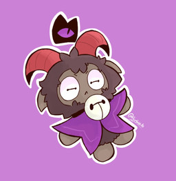 :< ambiguous_gender anthro black_body black_fur black_hair brown_horn chibi fur hair horizontal_pupils horn outline pupils purple_background simple_background solo white_outline salchikokokoko cult_of_the_lamb massive_monster_(studio) goat_(cult_of_the_lamb) purple_crown_(cult_of_the_lamb) bovid caprine mammal sheep hi_res