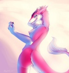 anthro biped breasts chest_tuft claws female fur green_eyes hair horn looking_at_viewer nipples nude pink_body pink_fur pink_hair smile solo standing tail tuft white_body white_fur rafflone krysune mammal sergal 2011 hi_res