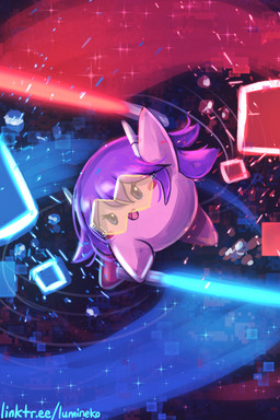 action_pose ambiguous_gender black_eyes hair holding_melee_weapon holding_object holding_sword holding_weapon melee_weapon open_mouth pink_body pose purple_hair short_hair solo sword tongue weapon lumineko beat_saber kirby_(series) nintendo alien waddling_head 2025 2:3