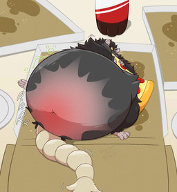 belly belly_blush beverage big_belly black_body black_fur black_hair bloated blush body_blush box cola container eating eating_food food fur grey_body grey_fur hair huge_belly hyper hyper_belly motion_lines onomatopoeia pizza pizza_box shadow soda sound_effects text swearinpencil explodent mammal murid murine rat rodent 2025