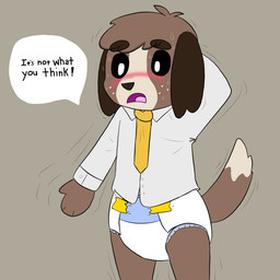 anthro caught_in_the_act clothed clothing dialogue diaper male padded padding wearing_diaper wereskunk20 animal_crossing nintendo digby_(animal_crossing) canid canine canis domestic_dog mammal 1:1 hi_res