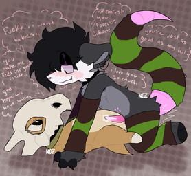 animal_genitalia anthro arm_warmers armwear bedroom_eyes black_hair blush claws clothing duo ear_piercing ear_ring from_front_position fur furgonomics genitals grey_body grey_fur hair hug intersex intersex/male kerchief leg_warmers legwear long_tail love lying male missionary_position narrowed_eyes on_back penetration piercing pink_blush plushie plushophilia ring_piercing round_ears seductive sex sharp_teeth smile solo stitch_(sewing) tail tail_clothing tail_hug tail_warmer teeth text thought_bubble thrusting newestgroundz nintendo pokemon comfy_(helimopp) douse_(helimopp) american_opossum cubone generation_1_pokemon mammal marsupial pokemon_(species) virginia_opossum english_text hi_res