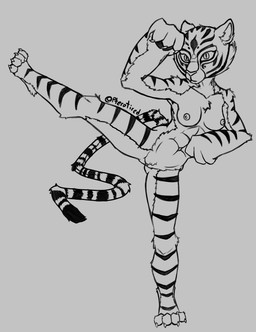 abs anthro breasts female genitals looking_at_viewer nude paws raised_leg solo spread_legs spreading vulva pterotired dreamworks kung_fu_panda master_tigress felid leopard mammal pantherine tiger absurd_res hi_res monochrome sketch