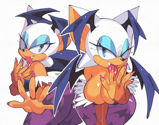 anthro armwear bat_wings big_breasts big_butt big_ears black_clothing black_leotard black_nose blue_eyes blue_eyeshadow blue_wings breasts brown_armwear brown_clothing butt clothed clothing colored_nails cosplay crossover_cosplay eyelashes eyeshadow female fur legwear leotard long_nails looking_at_viewer makeup membrane_(anatomy) membranous_wings nails open_mouth open_smile orange_body orange_fur pattern_tights pink_nails purple_clothing purple_legwear purple_tights simple_background smile snaggle_tooth solo thick_thighs tights tongue tongue_out white_background white_body white_fur wide_hips wings inkerton-kun capcom darkstalkers sega sonic_the_hedgehog_(series) morrigan_aensland rouge_the_bat bat mammal crossover hi_res