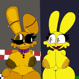 anthro areola bow_tie buckteeth duo eyelashes female fur nipples open_mouth purple_bow_tie simple_background smile teeth yellow_areola yellow_body yellow_fur yellow_nipples chaoticdream five_nights_at_freddy's freddy_fazbear's_pizzeria_simulator scottgames funbun_(fnaf) spring_bonnie_(fnaf) lagomorph leporid mammal rabbit digital_media_(artwork) pixel_(artwork)